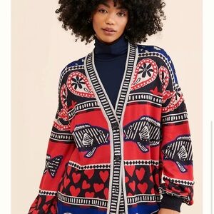 FARM RIO Anthropologie Knit Cardigan Sweater Red Blue Hearts Fish Print XS Boho